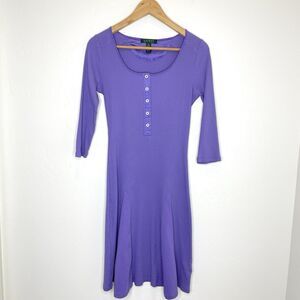 Lauren Ralph Lauren Ribbed Henley Dress Womens XS Purple Knee Length 3/4 Sleeves